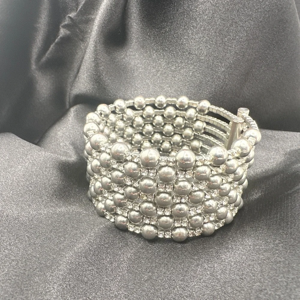 Vintage 90s Silver Tone Multi Row Bead Clear Glass Wide Cuff Statement Bracelet